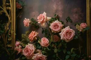 uma ouro quadro, Armação com Rosa rosas em isto foto