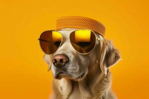 uma dourado retriever cachorro vestindo oculos de sol em uma vós foto