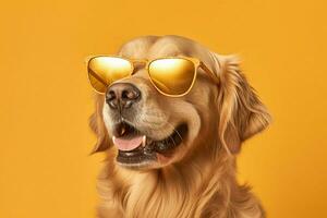 uma dourado retriever cachorro vestindo oculos de sol em uma vós foto