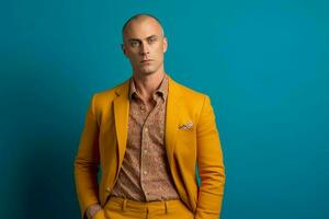 uma homem vestindo uma Castanho blazer e uma amarelo camisa s foto