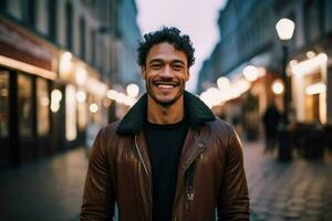 uma homem vestindo uma Castanho couro Jaqueta sorrisos para t foto