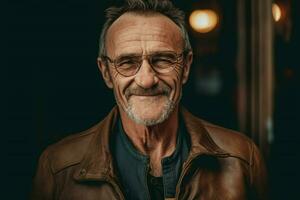 uma homem vestindo uma Castanho couro Jaqueta sorrisos para t foto