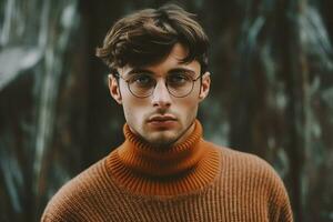 uma homem com óculos e uma Castanho suéter foto
