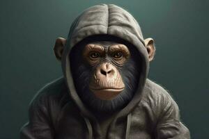 uma macaco dentro uma moletom com capuz e moletom com capuz com uma logotipo em isto foto