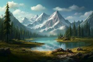 uma montanha lago com montanhas dentro a fundo foto