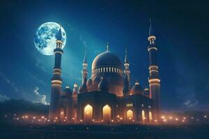 uma mesquita às noite com a lua dentro a céu foto