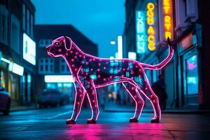 uma néon leopardo cachorro dentro uma cidade foto