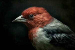uma pintura do uma pássaro com uma vermelho cabeça e Preto ey foto