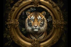 uma pintura do uma tigre com uma ouro quadro, Armação dentro a centavo foto