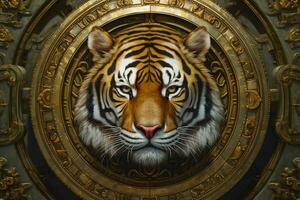 uma pintura do uma tigre com uma ouro quadro, Armação dentro a centavo foto