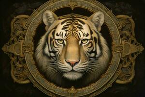 uma pintura do uma tigre com uma ouro quadro, Armação dentro a ce foto