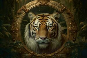 uma pintura do uma tigre com uma ouro quadro, Armação dentro a ce foto