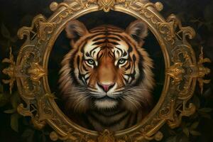 uma pintura do uma tigre com uma ouro quadro, Armação dentro a ce foto