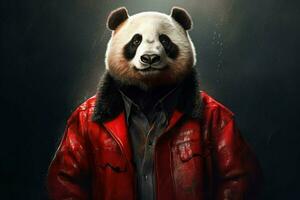 uma panda dentro uma vermelho Jaqueta foto
