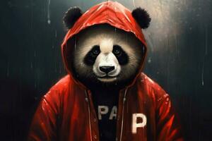 uma panda com uma vermelho Jaqueta e uma moletom com capuz este diz foto