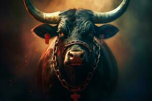 uma poster do uma touro com uma cadeia por aí dele pescoço foto