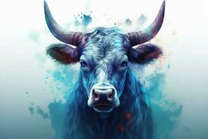 uma poster do uma vaca com uma azul cabeça e chifres foto