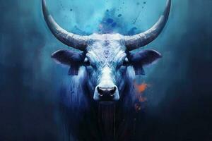 uma poster do uma vaca com uma azul cabeça e chifres foto