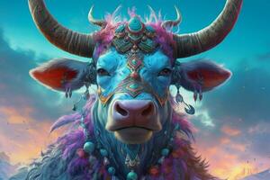 uma poster do uma vaca com uma azul cabeça e chifres foto