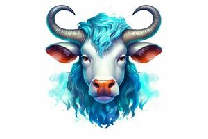 uma poster do uma vaca com uma azul cabeça e chifres foto