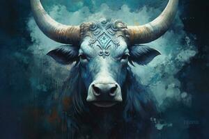 uma poster do uma vaca com uma azul cabeça e chifres foto