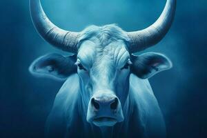 uma poster do uma vaca com uma azul cabeça e chifres foto