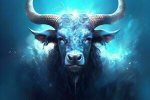 uma poster do uma vaca com uma azul cabeça e chifres foto