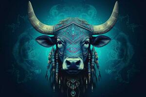 uma poster do uma vaca com uma azul cabeça e chifres foto