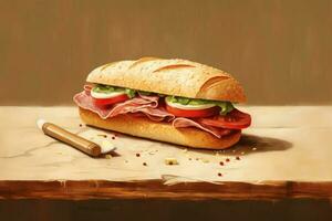 uma sanduíche fez do espanhol serrano presunto em uma mesa foto