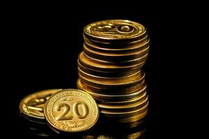 uma pilha do ouro moedas com a números 20 e 20 em foto
