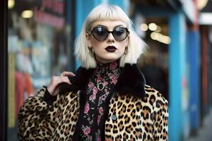 uma mulher vestindo uma leopardo impressão leopardo impressão leo foto