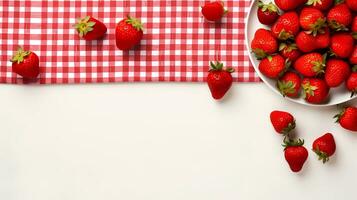 vermelho morangos em uma mesa com uma estampado toalha de mesa, topo Visão com espaço para texto, ai gerado, minimalismo. foto