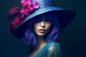 uma mulher com uma azul cabelo e uma roxa chapéu foto