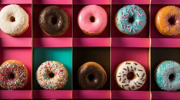 uma festivo arranjo do rosquinhas dentro feriado cores e decorações, deixando quarto para texto posicionamento contra uma pano de fundo este complementa a tema. ai gerado. foto