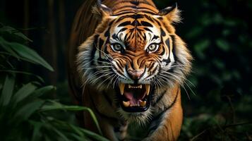 uma poderoso tigre capturado dentro meio do rugido, Está majestoso presença dominando a quadro, deixando uma Claro área para texto colocação. régio rugido, poderoso tigre, majestoso presença, ai gerado. foto