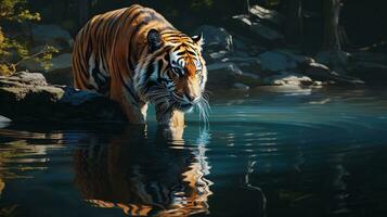 uma tigre bebendo a partir de uma sereno água fonte, refletindo Está calma ainda selvagem natureza, e fornecendo quarto para texto perto a da água borda. legal água oásis, sereno cena, ai gerado. foto