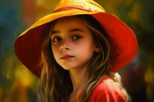 uma jovem menina com uma colorida chapéu e uma vermelho e grito foto