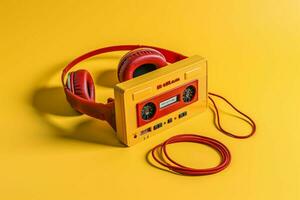 uma amarelo cassete jogador com uma vermelho fone de ouvido em foto