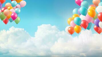 uma alegre cena do colorida balões ascendente para dentro uma texturizado céu preenchidas com fofo nuvens. a balões estão caprichosamente arranjado contra a pano de fundo. ai gerado foto