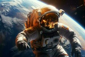 a astronauta dentro uma espaço terno com uma logotipo este diz foto