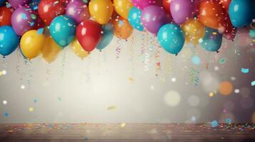 uma animado arranjo do balões dentro brilhante e alegre cores contra uma texturizado, cheio de confete fundo. ai gerado foto