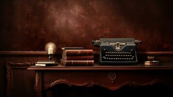 uma vintage escrevendo escrivaninha com a Antiguidade máquina de escrever, livros, e uma encadernado em couro Diário, colocada contra uma ricamente texturizado mogno pano de fundo, ai gerado foto