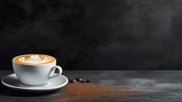 uma cappuccino copo preenchidas com cremoso café contra uma texturizado quadro-negro fundo dentro uma à moda cafeteria contexto. ai gerado foto