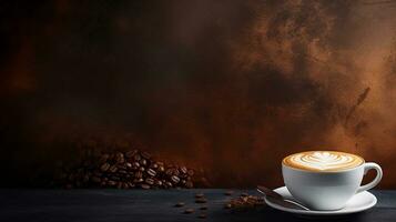 uma cappuccino copo preenchidas com cremoso café contra uma texturizado quadro-negro fundo dentro uma à moda cafeteria contexto. ai gerado foto
