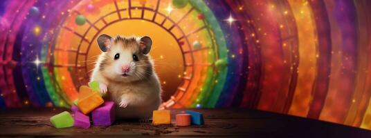 uma composição do uma fofa hamster dentro Está habitat com espaço para texto, tal Como uma colorida cela ou exercício roda, contra uma texturizado, vibrante pano de fundo. bandeira, ai gerado foto