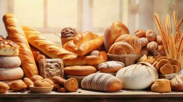 uma estilo colagem imagem exibindo vários tipos do pão e cozido bens em limpar \ limpo pastel superfícies. ai gerado foto