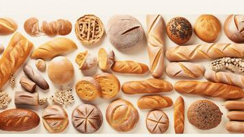 uma estilo colagem imagem exibindo vários tipos do pão e cozido bens em limpar \ limpo pastel superfícies. ai gerado foto