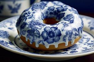 azul delft floral impressão rosquinha gelo Comida fotografia foto