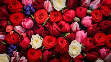 uma fechar-se tiro capturando a vibrante cores do fresco dia dos namorados dia flores, gostar vermelho rosas e tulipas, contra uma texturizado, com tema floral pano de fundo. ai gerado foto