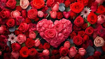 uma fechar-se tiro capturando a vibrante cores do fresco dia dos namorados dia flores, gostar vermelho rosas e tulipas, contra uma texturizado, com tema floral pano de fundo. ai gerado foto